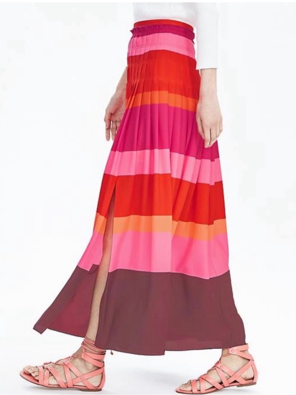 Banana Republic Pleated Striped Maxi Skirt in Pink, Red, Orange and Purple